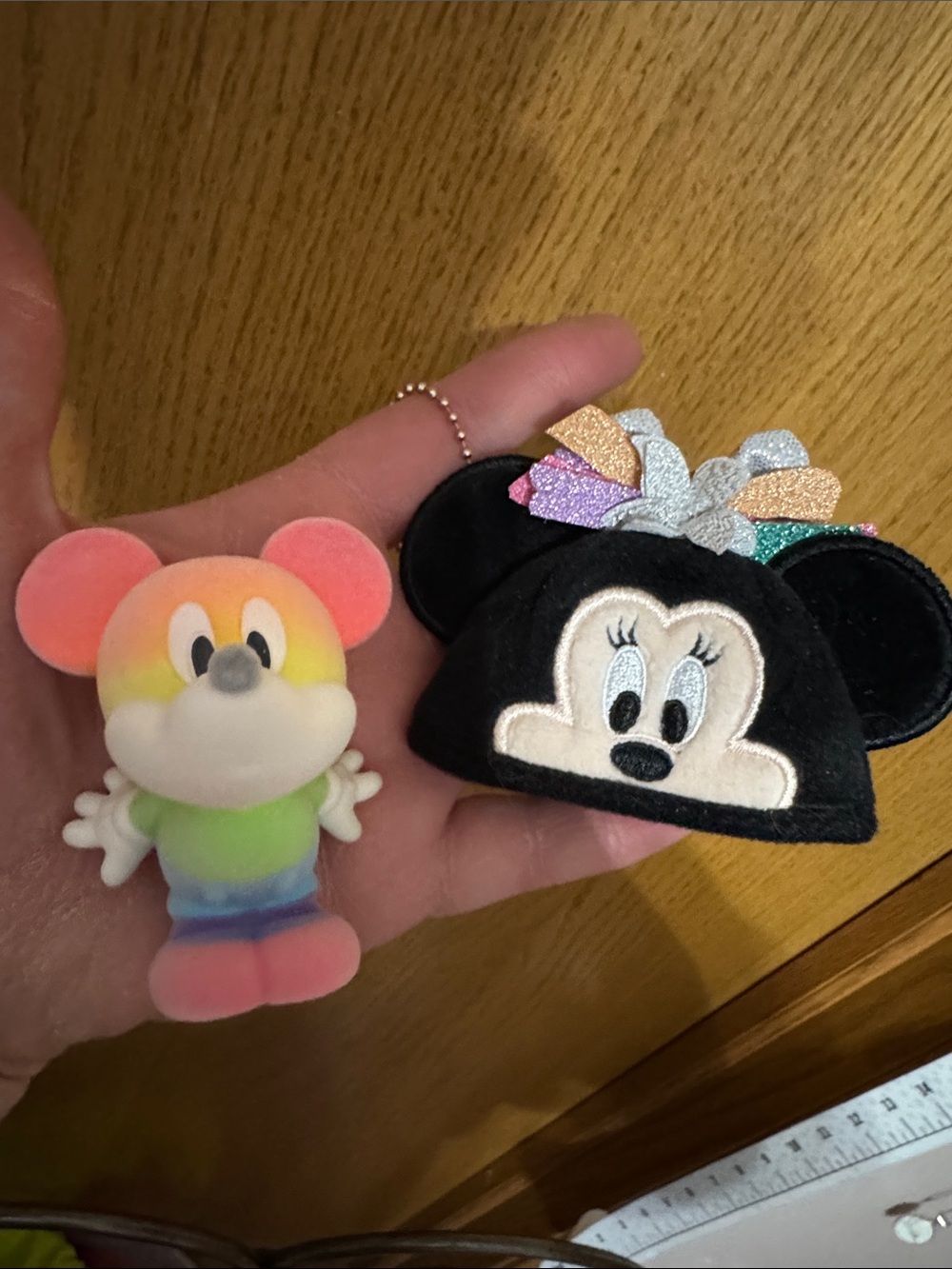 Minnie Mouse Black Ear Keychain with Rainbow Bow + Rainbow Mickey Figurine